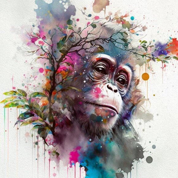 Baby Monkey Chimpanzee Watercolor Wall‎ Art Photography Oil Painting Print - Picture 2 of 5